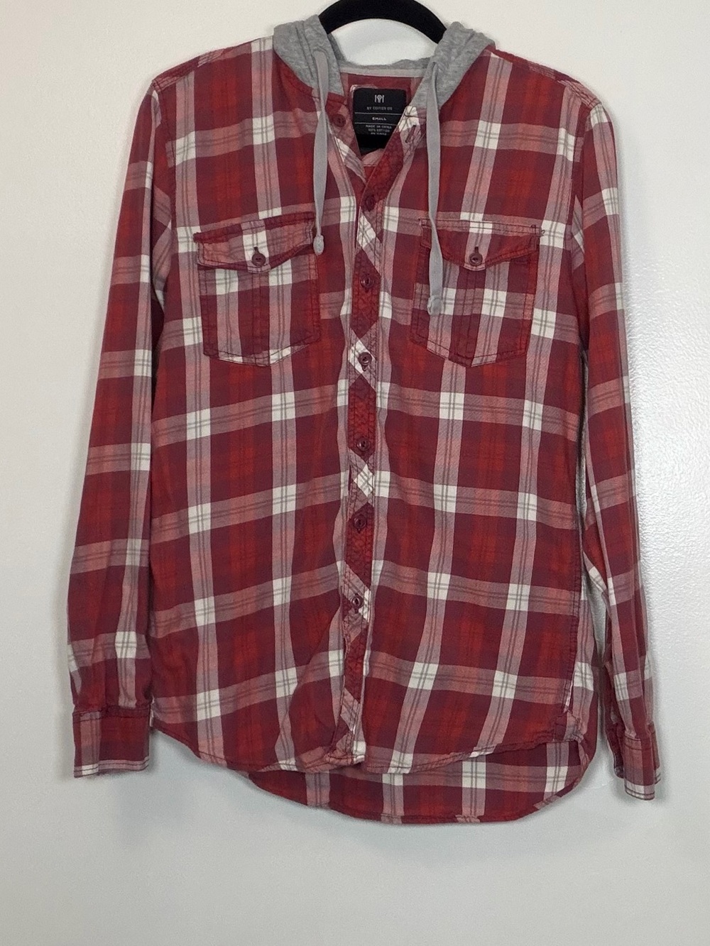 Cotton On Red and White Plaid Button-Down Shirt with Gray Hood